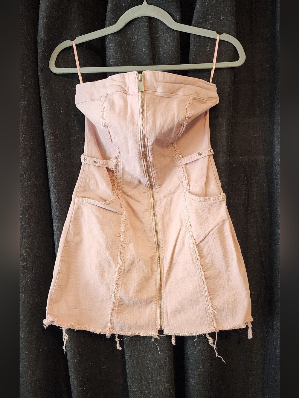 ZARA Pink Denim Mini Dress Strapless• Size S • High Waist • Distressed Hem